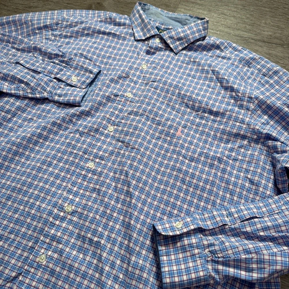Polo Ralph Lauren Shirt Mens 2XLT Blue Plaid Pink Pony Stretch Cotton Preppy SEO